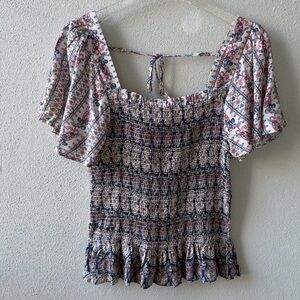 Boho Smocked Square Neck Short Sleeve NWT Peplum Top Size M Western Cowgirl Soft